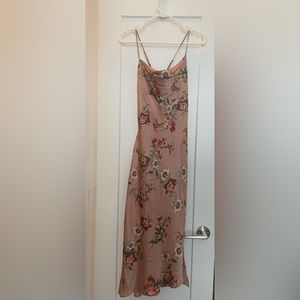 Floral midi swoop neck, tie up dress